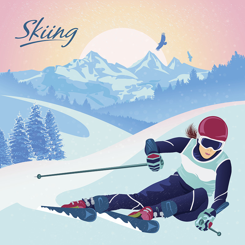 障碍滑雪和速降滑雪。图片素材