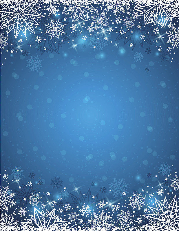 蓝色背景与雪花和星星的框架，向量图片下载