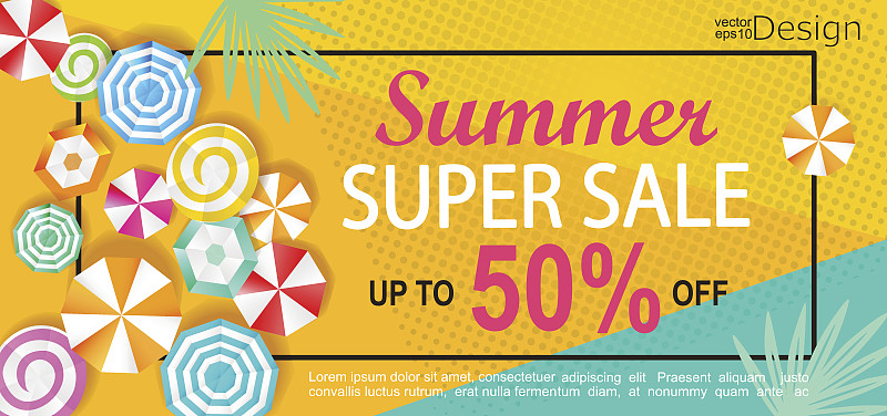 夏季超级销售横幅与太阳伞的背景。图片素材