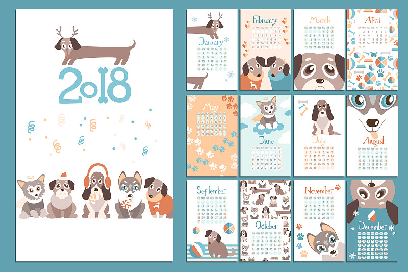 创意日历2018可爱的卡通小狗。平的我图片素材