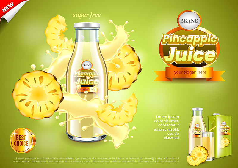 果汁广告。瓶子与菠萝片和喷溅矢量背景图片素材