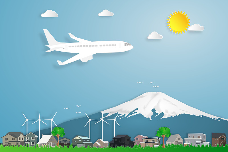 该飞机以日本富士山和乡村的蓝天为旅游胜地，旅行于假日，纸张艺术和工艺风格概念。矢量插图。图片下载